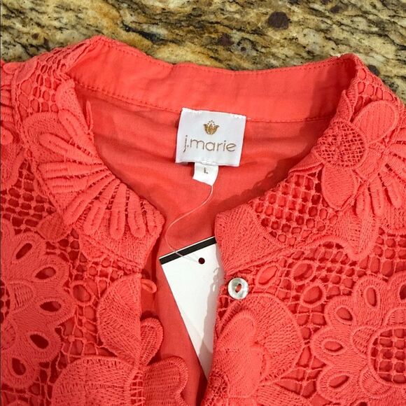 J. Marie The Seraphina Dress Coral Floral Lace Appliqué Crochet Sheer Overlay L - Picture 6 of 9